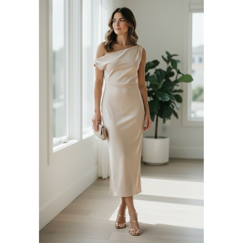 Beige One-Shoulder Cowl Neck Sheath Midi Evening Dress, Wedding Guest Dress